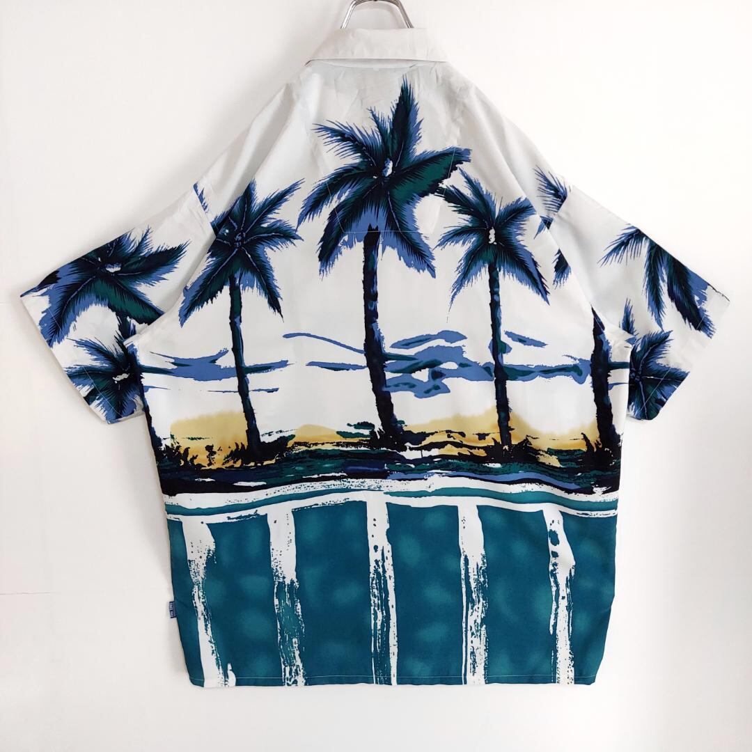 FUBU フブ ロゴ刺繍 アート柄シャツ ヤシの木 3XL ホワイト 白 緑 青