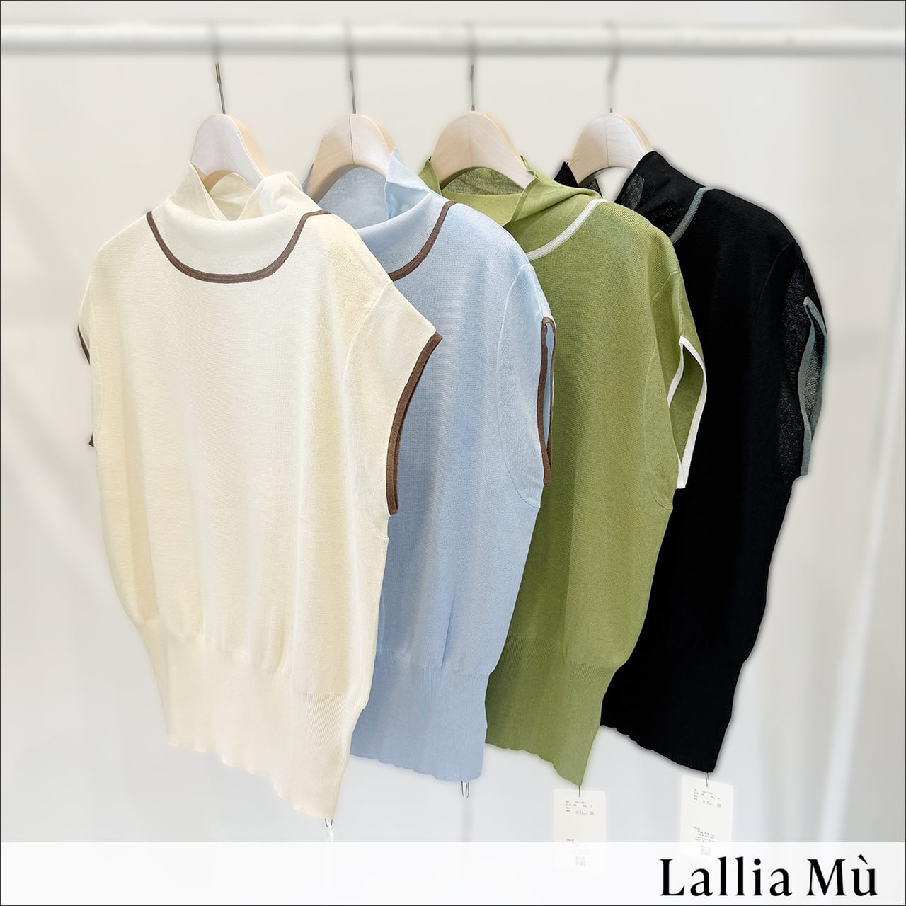 Lallia Mu (ラリアムー) シアーネックスイッチニット 2611491 ivory/sax/green/black/