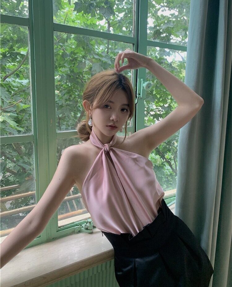 サマースタンダードホルタートップス ピンク レトロ 大人ガーリー スウィート キュート カジュアル 夏物 ピュア ブラックストロベリース83130564996