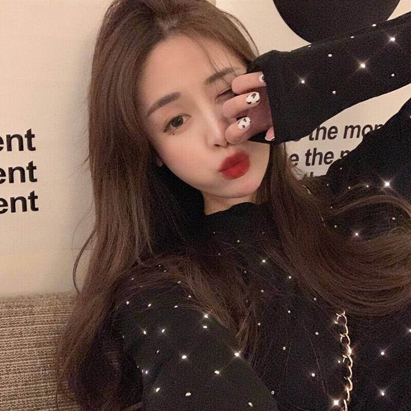 オータムスタイルブラックニットTシャツ レディーススタンダードスリムトップス レトロ 秋物 ガールズファッション17837107296