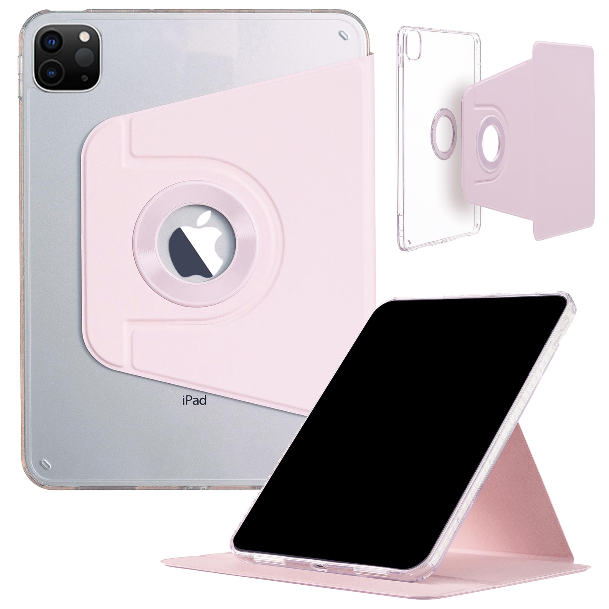 DMaos対応ケースiPad Pro-6、5、4、3世代(11'')、Air-7、6世代(11'')、Air-5、4世代(10.9'')、スリム磁気取り外し可能スマートカバー、折り畳みスタンド、360度回転 - ピンク
