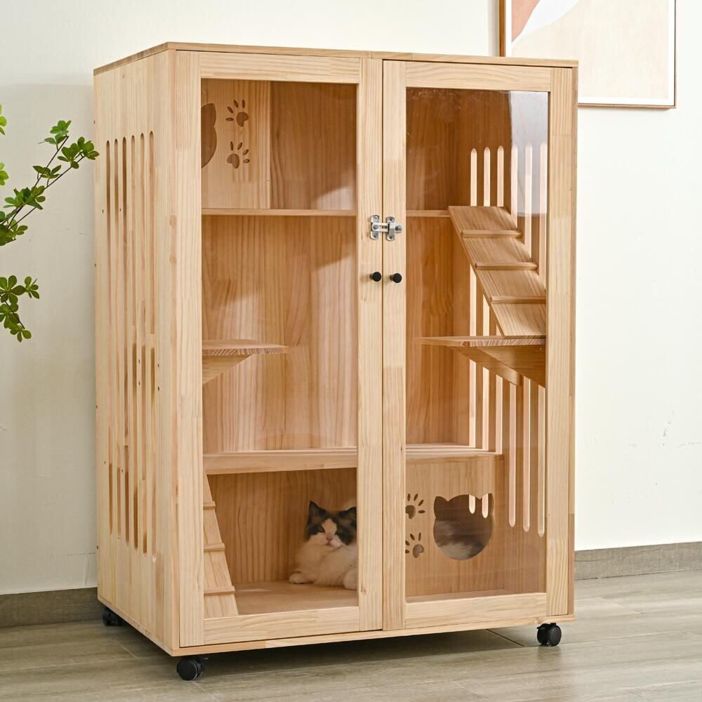天然木製キャットケージ 3段｜ワイド設計・多頭飼い対応｜高級感ある