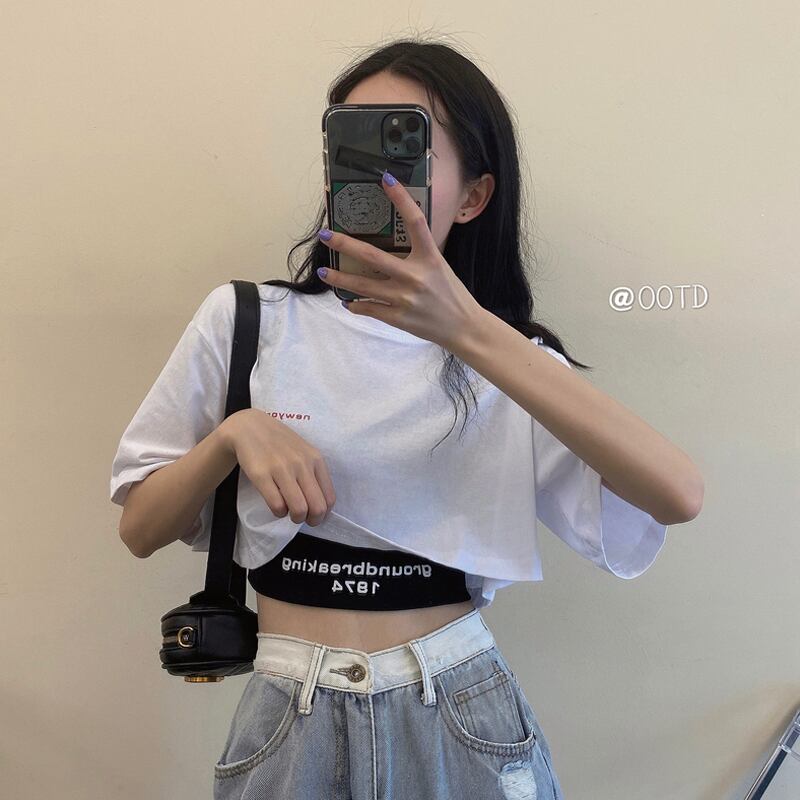 ホワイトショートTシャツ サマースタイルクロップドトップス 夏物 試着室69678002299