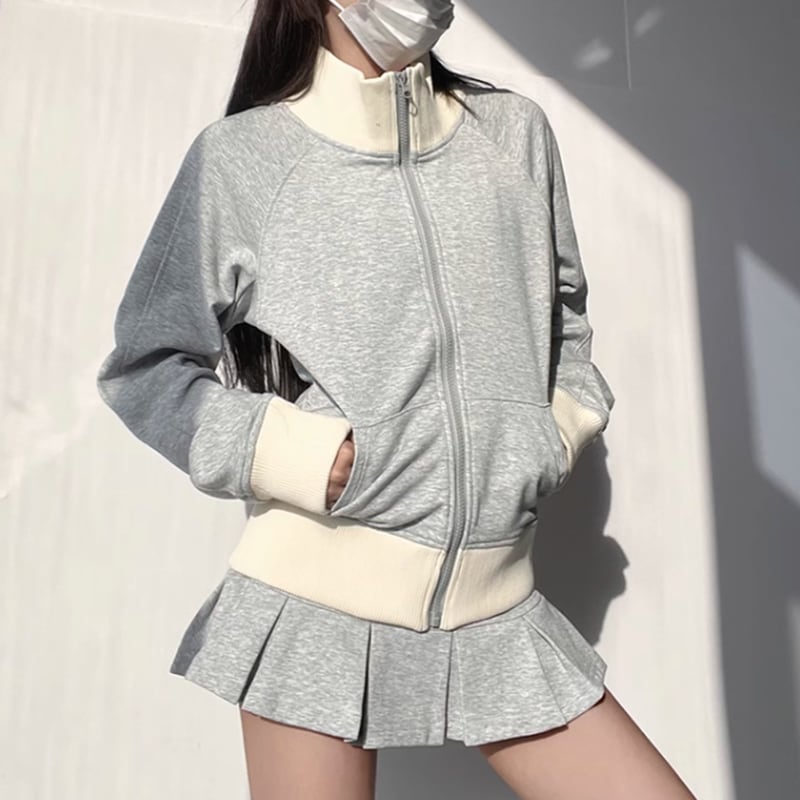 full zip high neck top & pleated mini skirt setup la1254