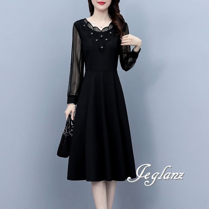 セミフォーマル ワンピース ブラック ドレス パール付き 透け感 上品(M8009)ζ