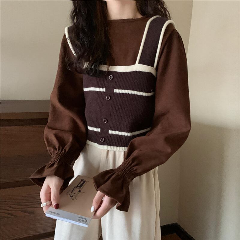 スプリングオータムルーズストライプニット薄手ショートトップス 春物 秋物 1号婦人70905498368