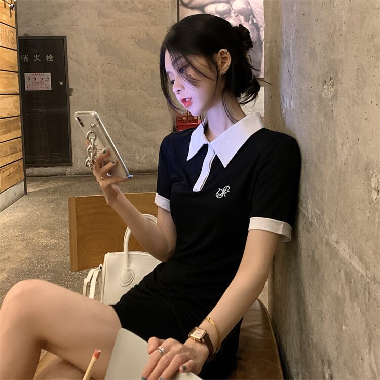 ブラックカラースリムショートTシャツ ドレス サマースタイルウェストスカート 夏物 モンロー39252161778