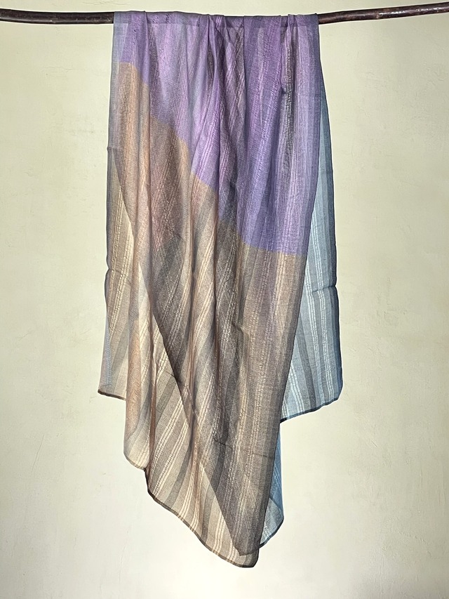 絹からみ織り布（ストール) ～茶×薄紫×薄灰色～　Silk leno weaving cloth (scarf) ～blown × light purple × light gray～