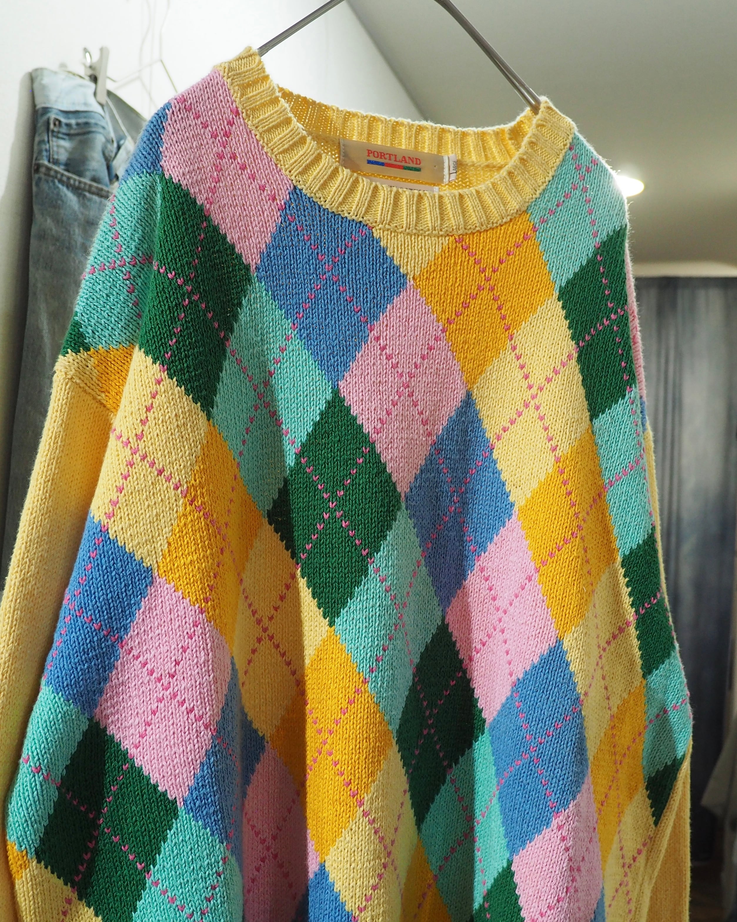 1990s ” Fine Cotton ” Colorful Pastel Argyle Pattern Vintage Knit