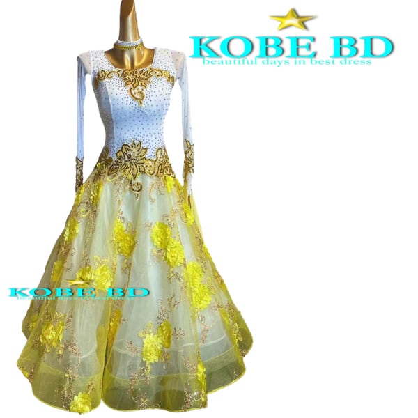 【社交ダンスドレス】⭐️【商品番号AIー 243009】スタンダードドレス / (ホワイト&イエロー)ワルツやスローに!