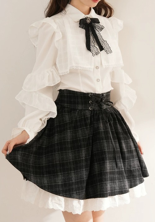 【2点セット】フリルスリーブリボンブラウス＋レースアップチェックフレアスカート ・78899