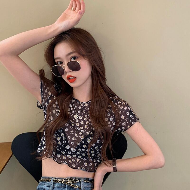 フローラルショートトップス レディースオータムウィンタースリム薄手Tシャツ 秋物 冬物 花柄 YY-ファッション14105189968