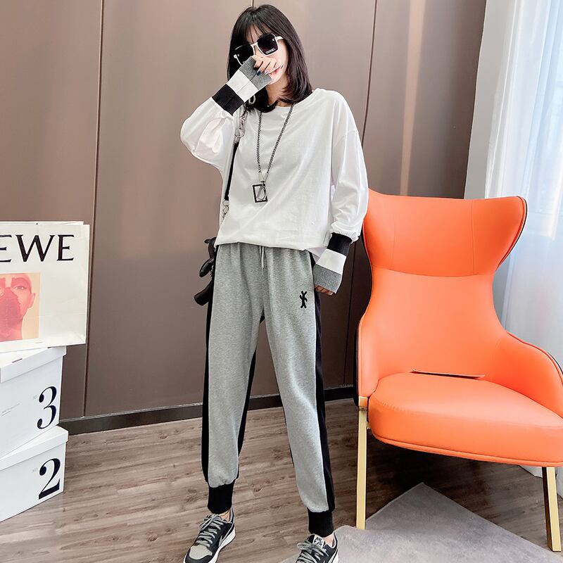 スプリングTシャツ シャツ ルーズカラーカジュアルパンツ ロング 春物 ミックスインファッション84000443674