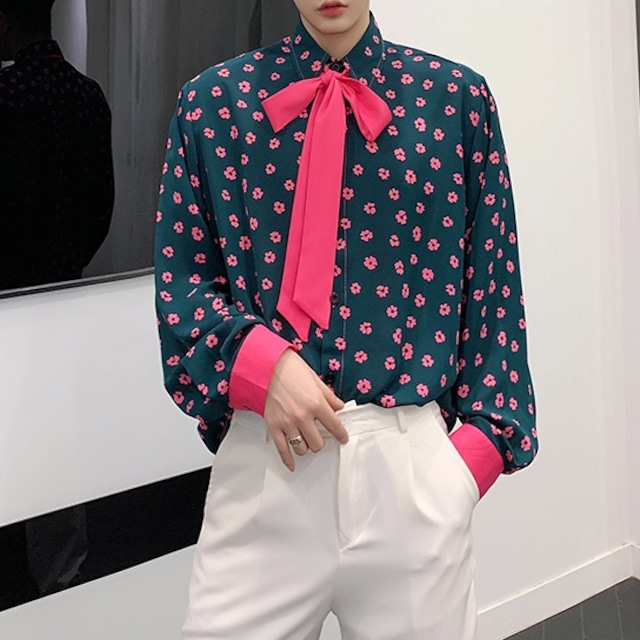 【Men】CONTRAST FLOWER PRINT BOWTIE SHIRT 1color Z-204