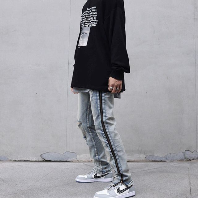 予約販売】デニム メンズ ストレッチデニム ブルー ダメージ サイド