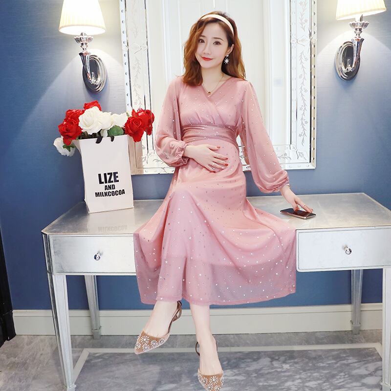 【新作】【送料無料】 マタニティドレス2019春の新しいファッションブロンズマタニティロングドレスストレッチメッシュマタニティドレスは母乳で育てることができます-アリババ スプリング 春物 expec214539397254