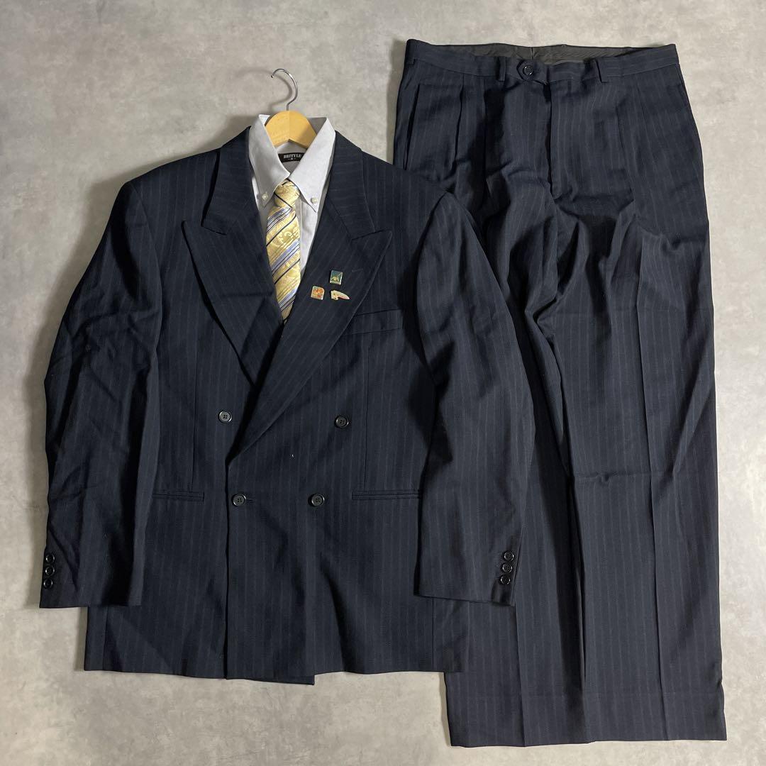 80s-90s スーツ ダブルセットアップ成人式vol.134一点物 黒グレー