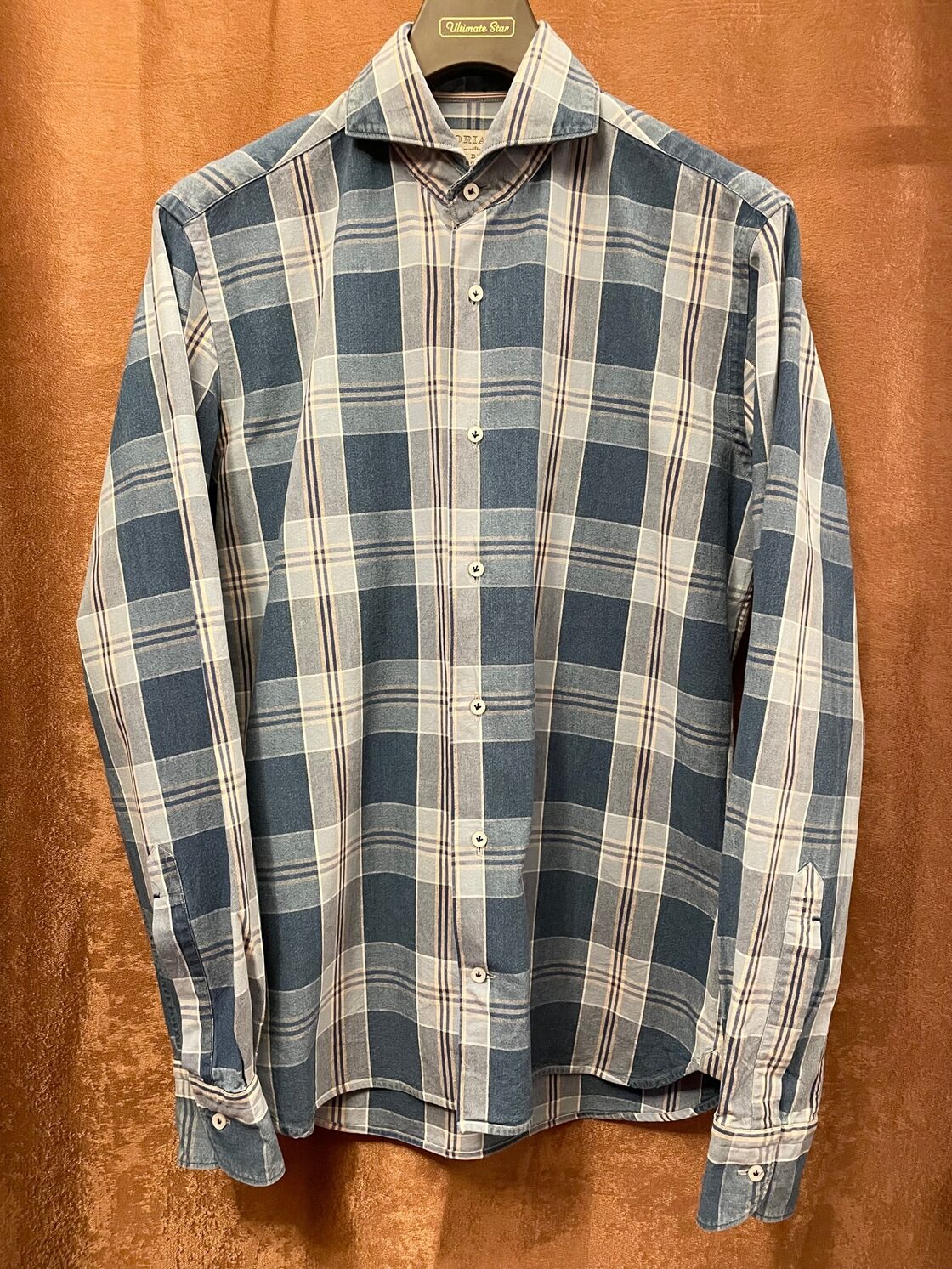 Leilian チェック柄 長袖シャツ ネイビー 9 日本製 MADE IN ITALY製 