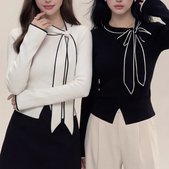 bow tie long sleeve short length knit top m1642