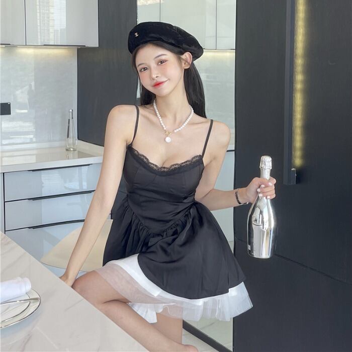 サマーブラックレーストップス メッシュスカート 大人ガーリー スウィート キュート カジュアル 夏物 ドラファッションホール59381728845