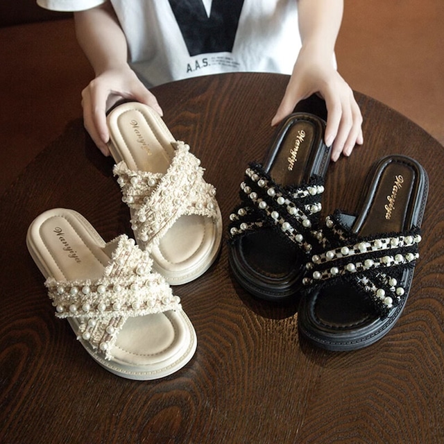 【35-40】 Fringe pearl sandals　B744