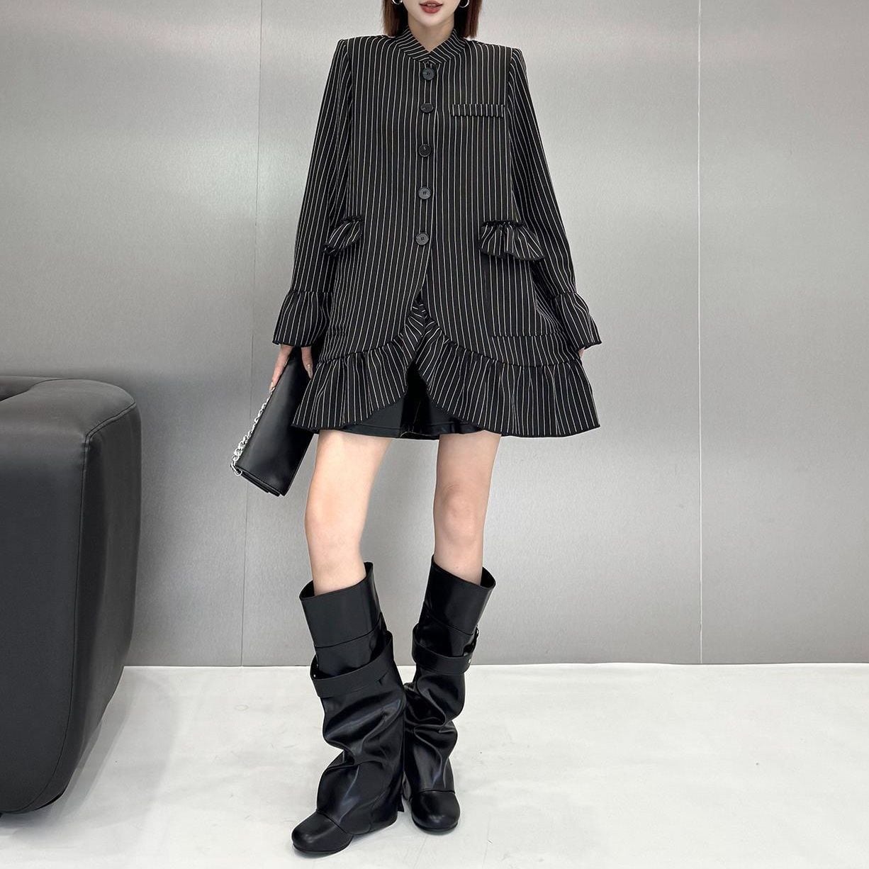 STRIPED PADDED RUFFLED LAYERED BLAZER DRESS M-18576