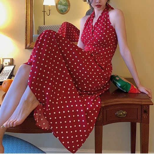 ドット柄 バックリボン  ホルターネック Aラインワンピース 00453