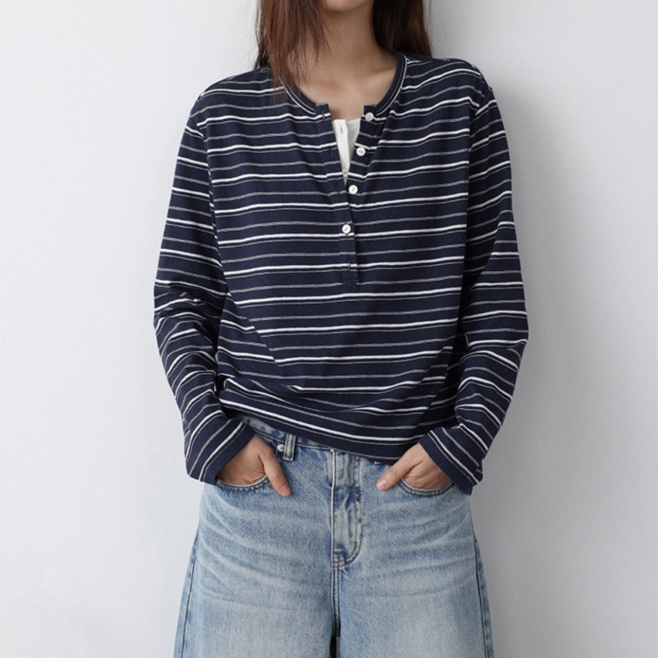 フェイクレイヤードマルチボーダーヘンリーネックプルオーバー A02034