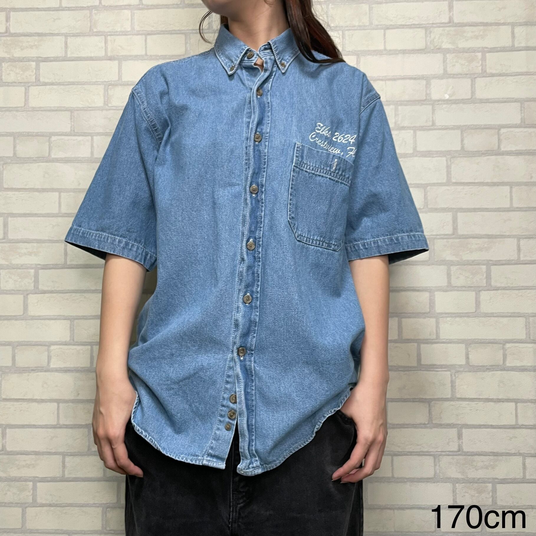 両面刺繍】THREE RIVERS 半袖デニムシャツ M コットン100% | 古着屋 
