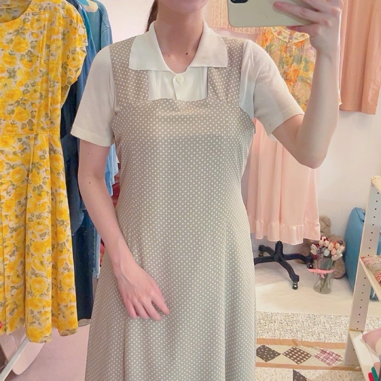 beige dot waist ribbon jumper skirt