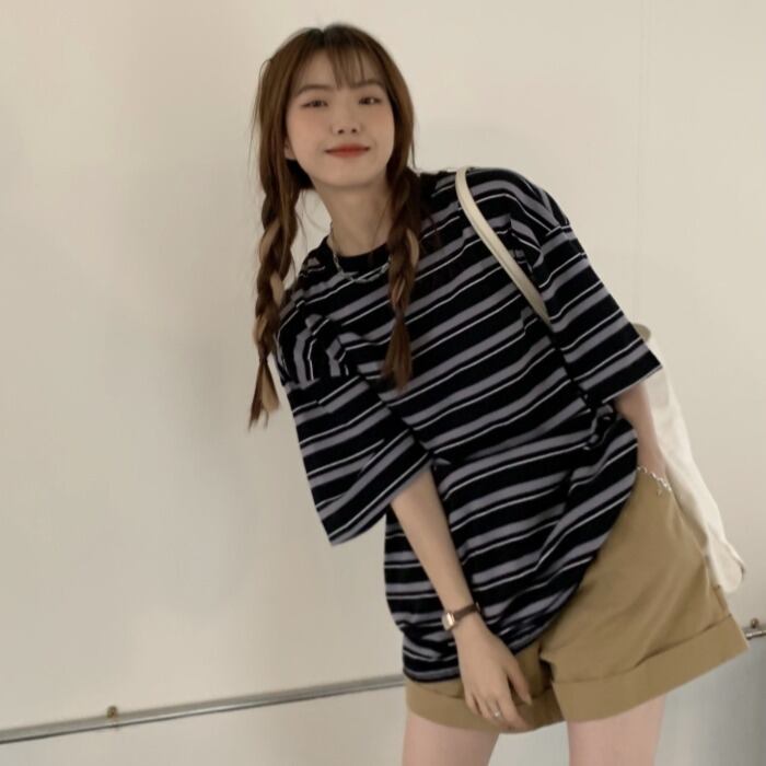 サマーストライプTシャツ ラウンドネックルーズスタンダードカジュアルトップス レトロ 夏物 Oネック ケッペル98091144676