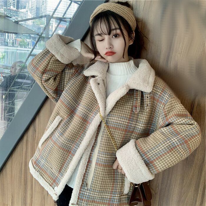 ◆ムートン コート ジャケット もこもこ 暖か 韓国トレンド ボアブルゾン チェック柄 ムートン 韓国ファッション もこもこ