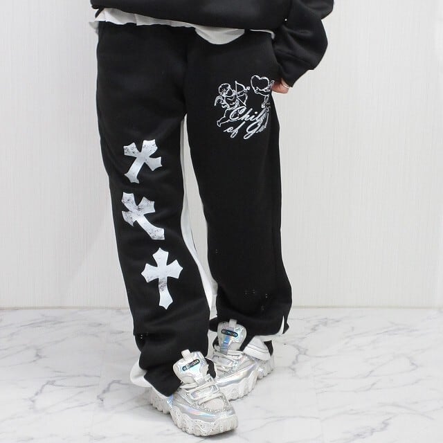 YASBロゴパーカーとWANDARAパンツセット SET UP】ストリート クロス 十字架 ロゴ パーカー＆パンツ 上下