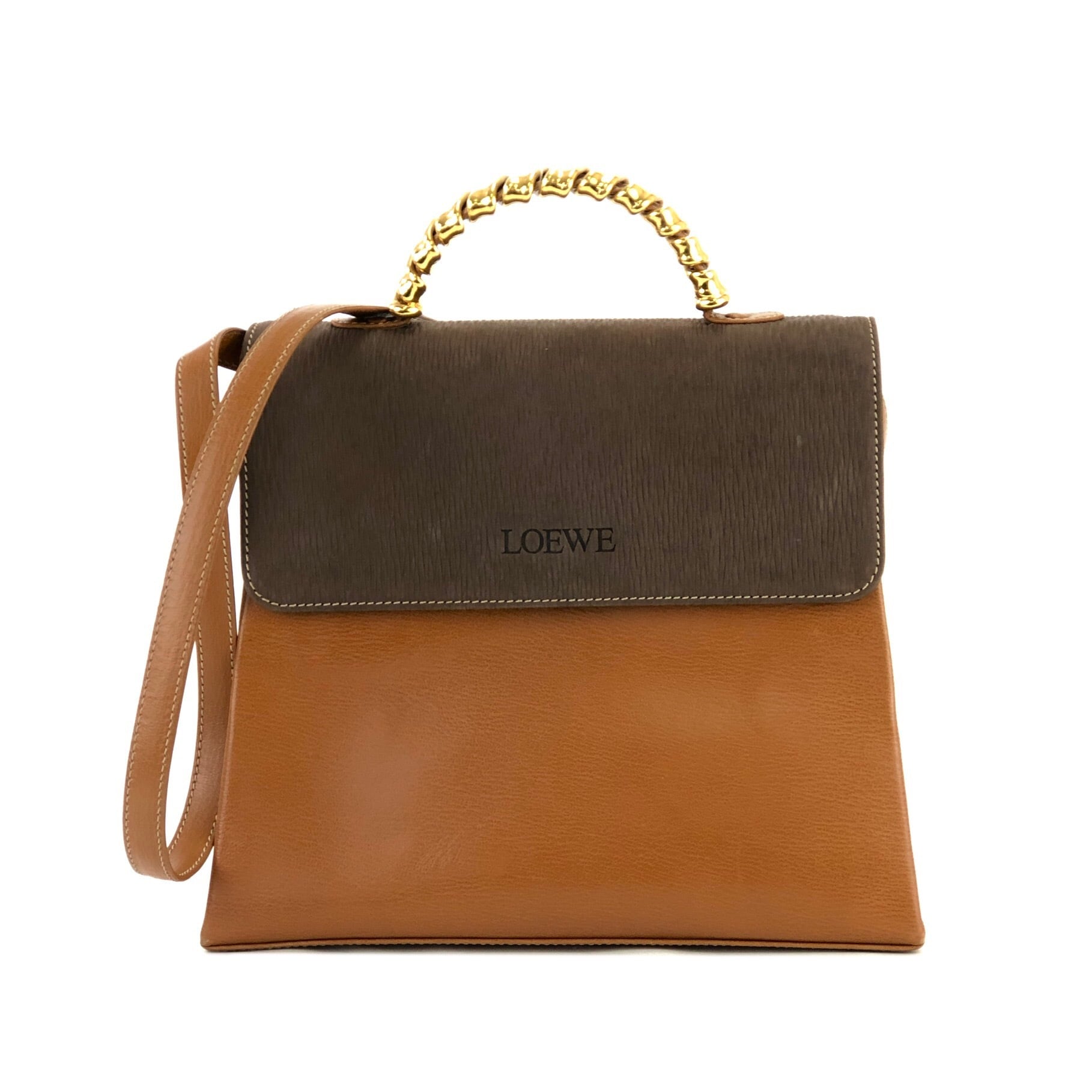 極 美品 LOEWE ロエベ ロゴ ベラスケス ツイストハンドル 金具 レザー 本革 2way ハンドバッグ ショルダーバッグ ブラウン 8rva-2708