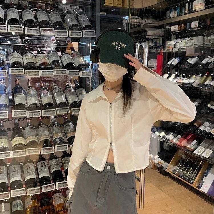 クロップドシャツ クロップド丈 ショート 白 シャツ 無地 長袖 ダブル