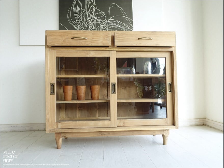 引き戸食器棚 Porte/N キッチン収納 飾り棚 カウンター ナチュラル 引出二杯 収納家具 チーク無垢材 世界三大銘木