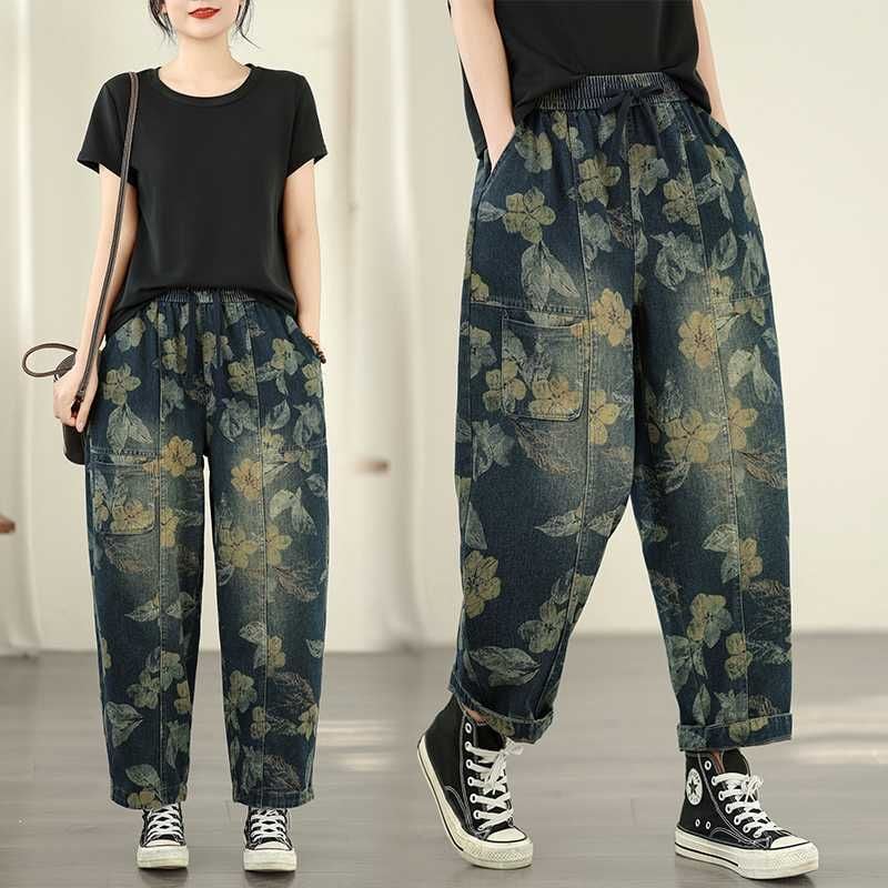 FLOWER PRINT DRAWSTRING WAIST CROPPED DENIM PANTS 1color M-15822