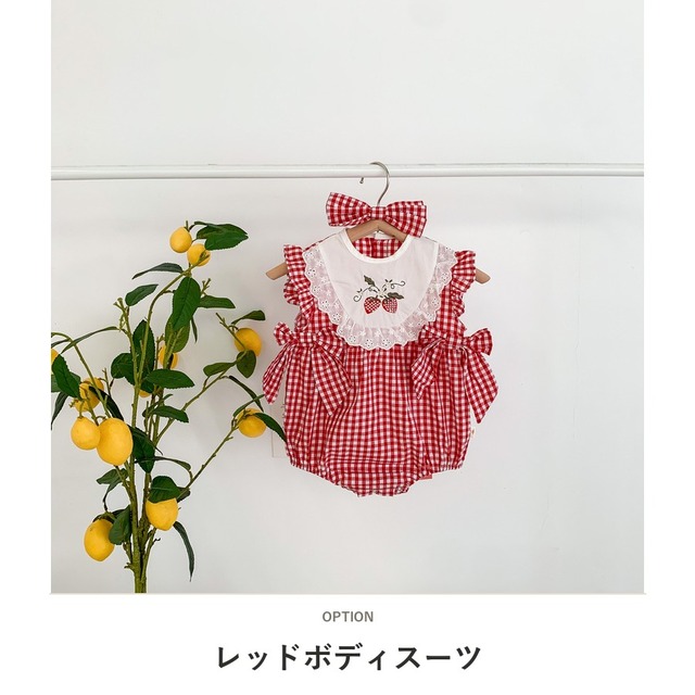 【セット】いちごチェックヘアバンドロンパースセット - 2