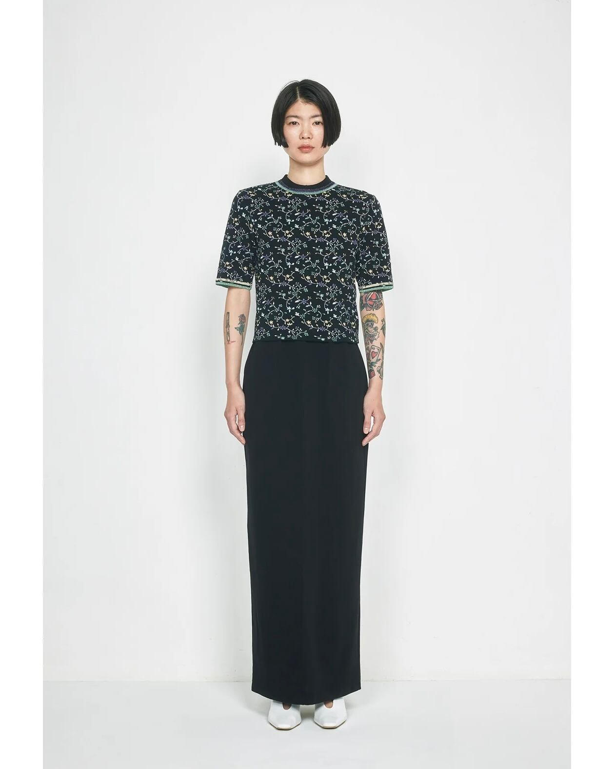 Mame Kurogouchi】Floral Motif Glitter Short Sleeve Knit Top/white