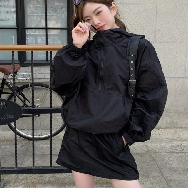 セットアップ レディース 韓国 オーバーサイズ ハーフジップ ナイロン 