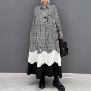 GINGHAM CHECK WAVE STITCH HEM A-LINE LONG SHIRT DRESS 2colors M-6546