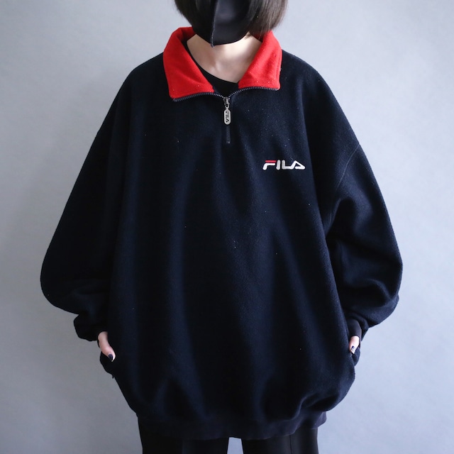 "FILA" over silhouette front and back logo embroidery half-zip fleece pullover