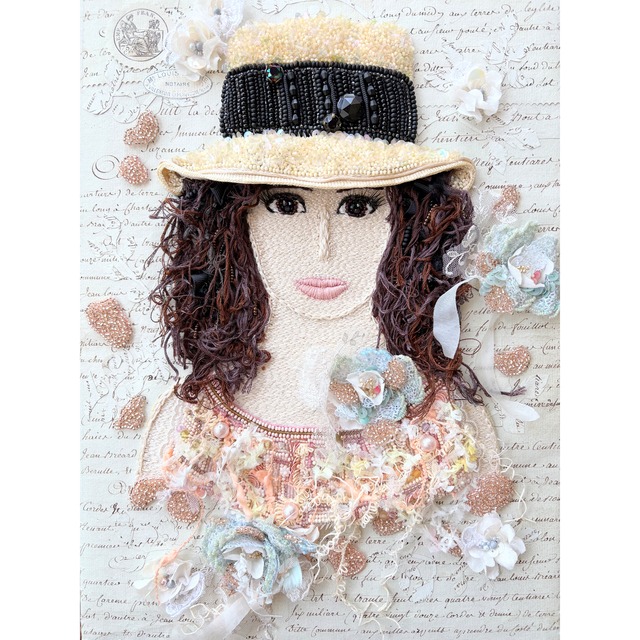 ビーズ刺繍（額装） Framed Bead Embroidery Art　"I won't forget you of those days"