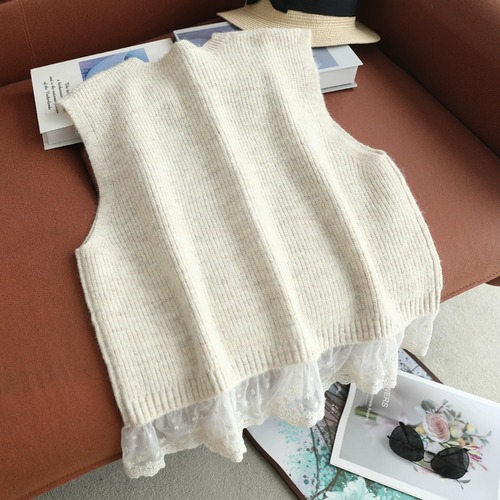 2色／フラワー刺繍ニット裾レースベスト ・12075