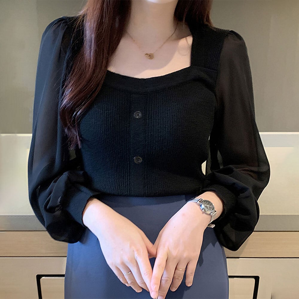 シフォン袖 ニット ブラウス トップス レディース 韓国 春夏秋 きれい