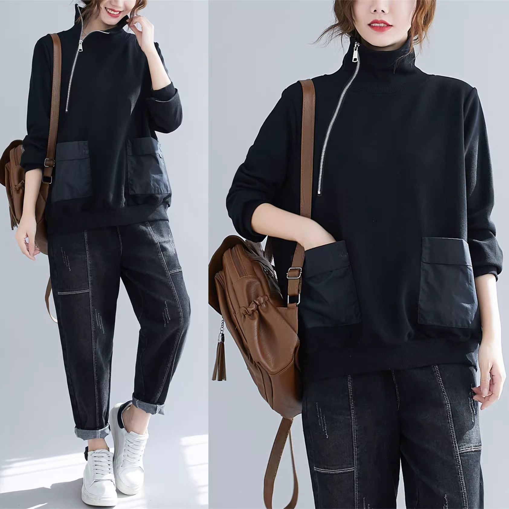 BLACK ZIPPED HIGH NECK PULLOVER TOP 1color M-15777