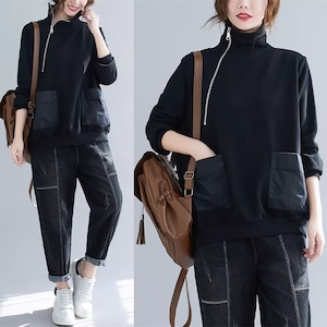 BLACK ZIPPED HIGH NECK PULLOVER TOP 1color M-15777