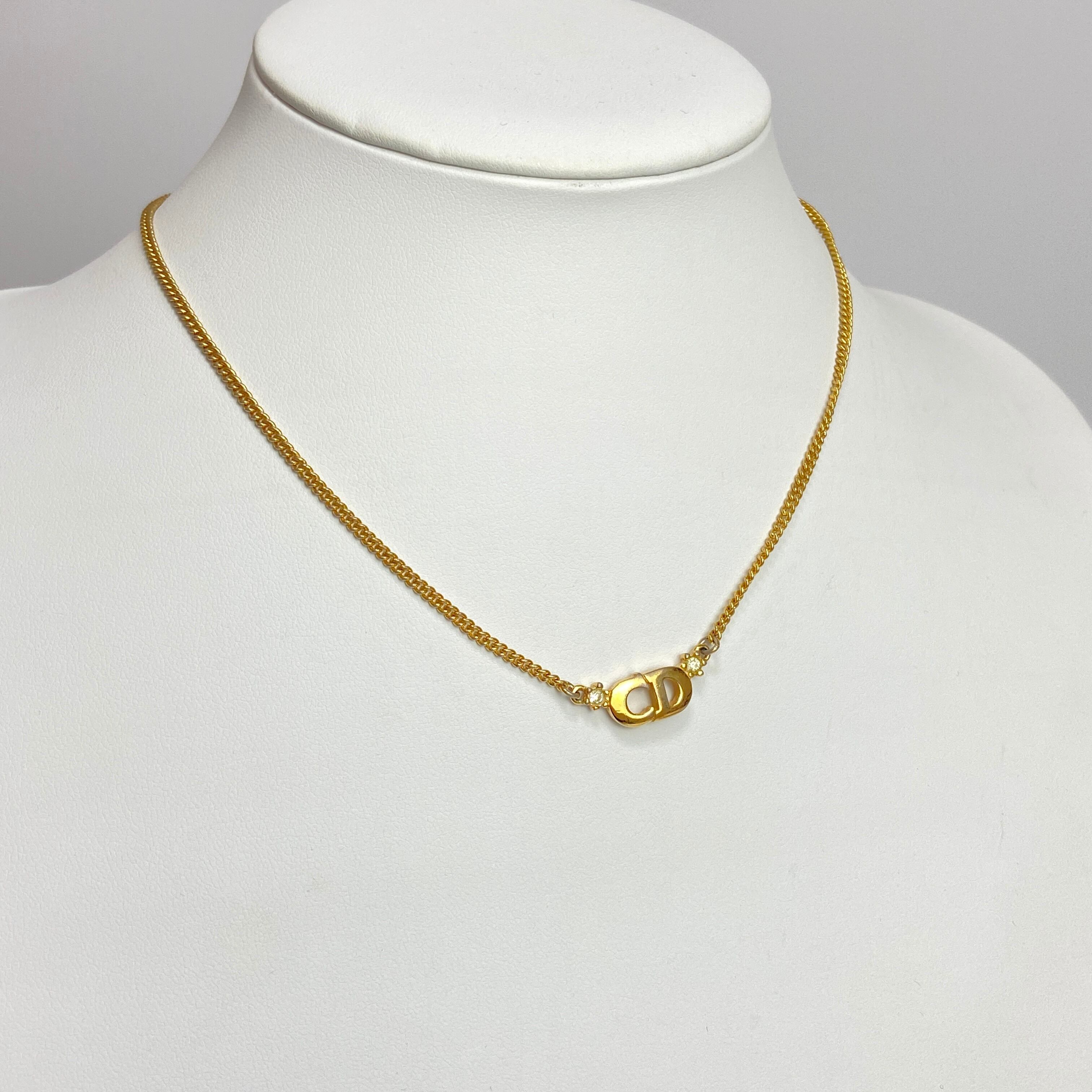 Christian Dior ディオール ラインストーン ロゴネックレス ゴールド