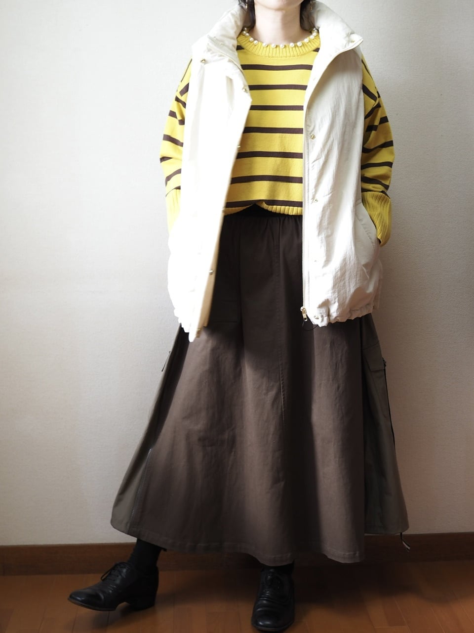 パール付きボーダーニット <イエロー、>