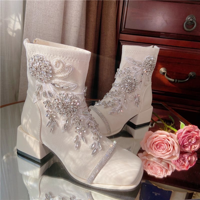 月光に咲く花のホワイトビジューブーツ■A8